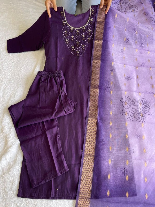 Roman Silk Wine colour Designers Kurti Pent Dupatta Set