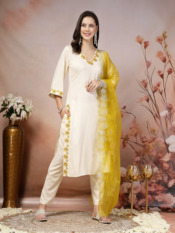 Solid & Embroidered Rayon Straight Kurta Pant & Dupatta Set