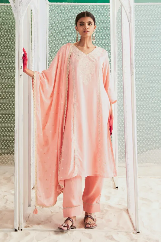 Peach Embroidered Straight Kurta Set