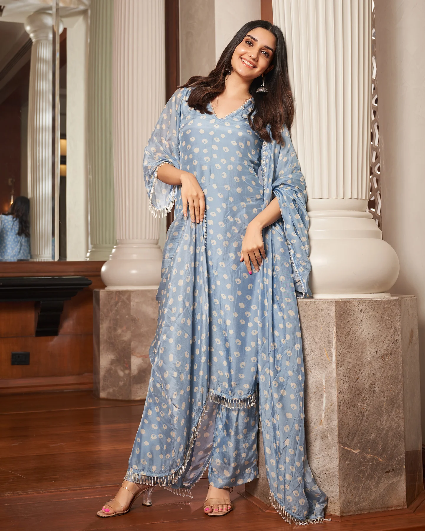 Pastel Blue Bandhani Silk Kurta Set (3 piece)