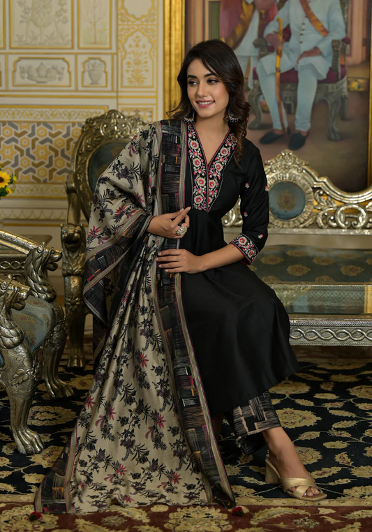 Black Thread Embroidered Viscose Kurta Pant And Dupatta Set With Abstract Printed Pants