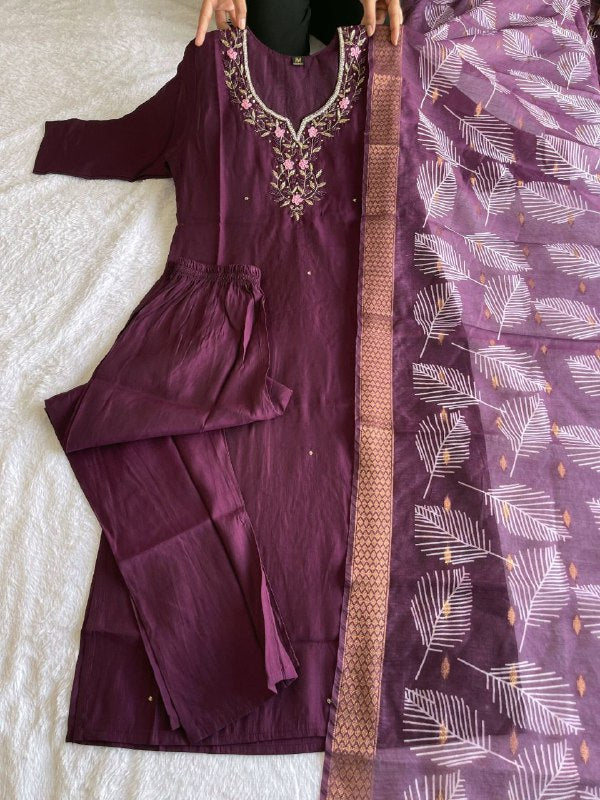 Premium Roman Silk Wine-colour Designers Kurti Pent Dupatta Set-