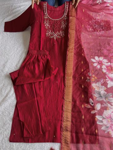 Premium Roman Silk Maroon Designers Kurti Pent Dupatta Set