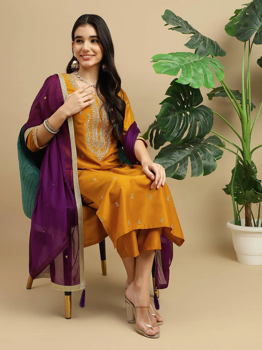 Mustard Wel Embroidered With Contras Dupatta Kurta Set