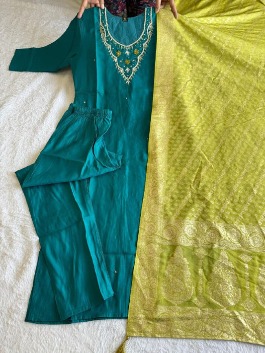 Premium Roman Silk hand worked Rama colour Designers Kurti Pent Dupatta Set