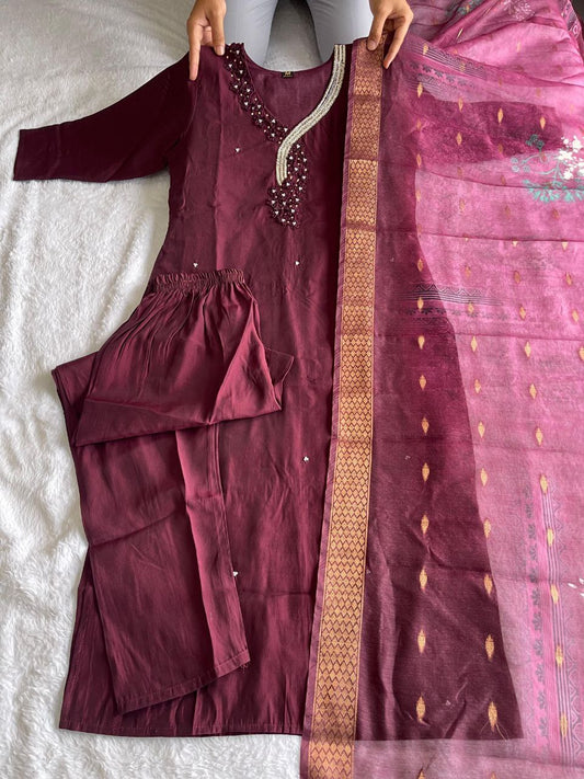 Premium Roman Silk Dark Maroon Designers Kurti Pent Dupatta Set