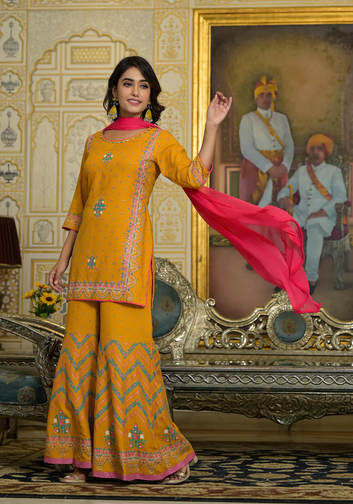 Mustard Ethnic Motif Printed Liva Rayon Tunic Sharara And Dupatta Set With Sequins & Gota Patti Work