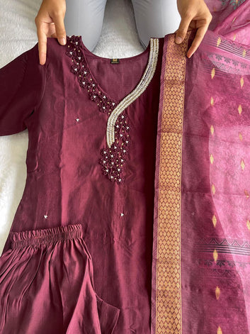 Premium Roman Silk Dark Maroon Designers Kurti Pent Dupatta Set