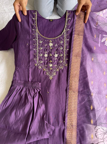 Premium Roman Silk Light Purple colour New Designers Kurti Pent Dupatta Set