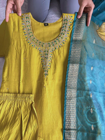 Premium Roman Silk Lemon Yellow Designers Kurti Pent Dupatta Set