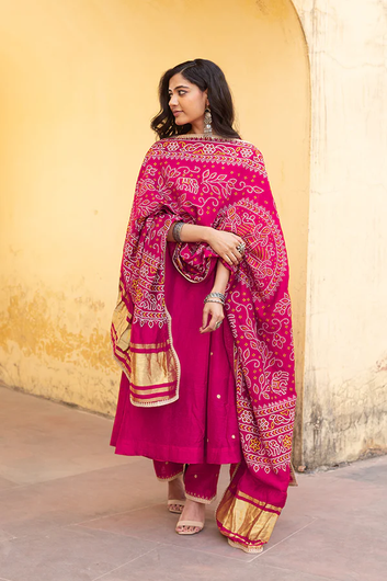 Pink Chanderi Embroidered Three Kali Bandhani Dupatta Suit Set