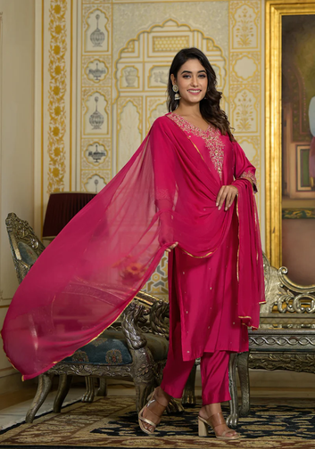 Fuchsia Zari Embroidered Viscose Kurta Pant And Dupatta Set With Lace