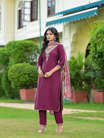 Wine Solid Viscose Kurta Pant With Dupatta Set With Zari & Mirror Embroidery