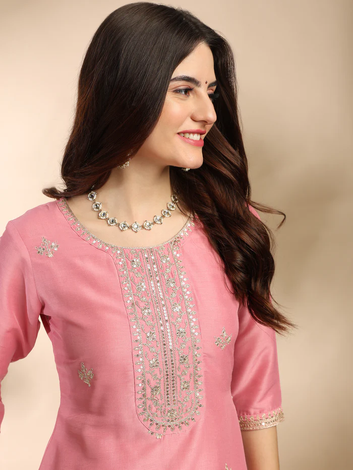 Classic Pink Chinon Embroidered Kurta Set