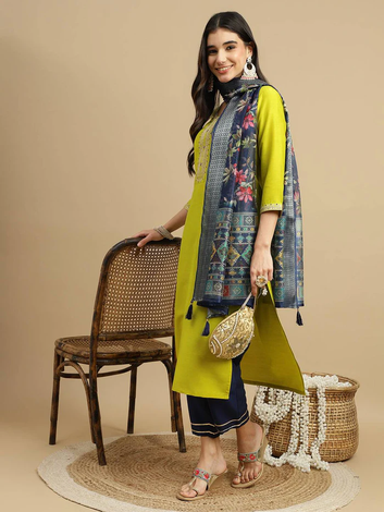 Lime chinon neck wok digital printed dupatta