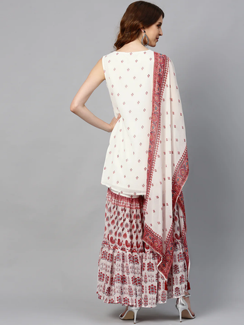 Maroon Embroidered And Printed Kurta Sharara Dupatta Set