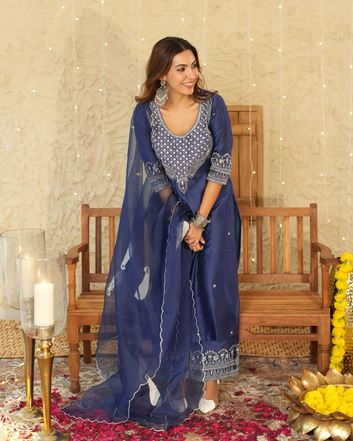 Blue Embroidered Chanderi Suit Set