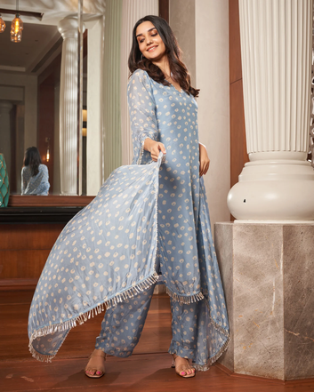 Pastel Blue Bandhani Silk Kurta Set (3 piece)