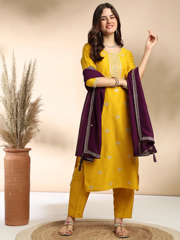 Classic Yellow Chinon Embroidered Kurta Set