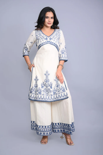 White Cotton Dobby Embroidered Short Kurta Palazzo & Chiffon Dupatta