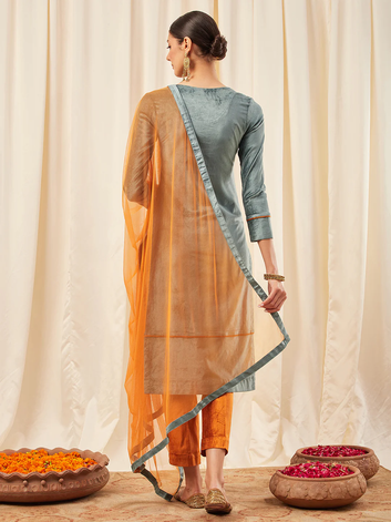 Aqua Blue Kurta Set with Orange Dupatta