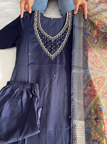 Premium Roman Silk Navy Blue Designers Kurti Pent Dupatta Set