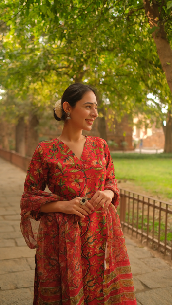 Red Kalamkari Printed Kurta Set