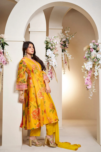 Yellow Colour Floral Printed Flared Anarkali Kurta with Palazzos Dupatta.