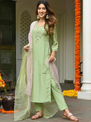 Green Silk Embroidered Kurta Set