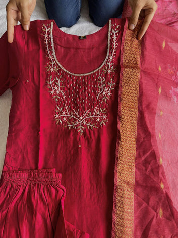 Premium Roman Silk Maroon Designers Kurti Pent Dupatta Set