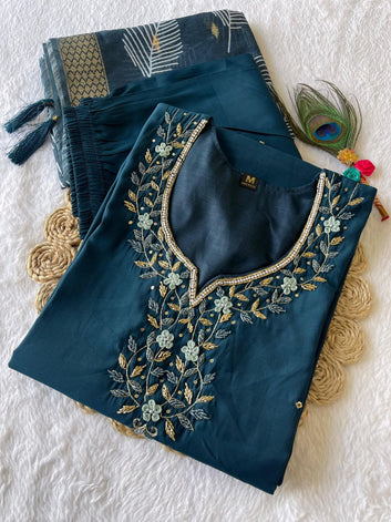 Premium Roman Silk Dark Peacock Designers Kurti Pent Dupatta Set