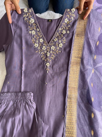 Premium Roman Silk Light Lavender New Designers Kurti Pent Dupatta Set