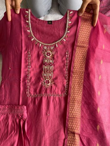 Premium Roman Silk Hand-Worked Rouge Coloured Designer Kurti Pant Dupatta Set