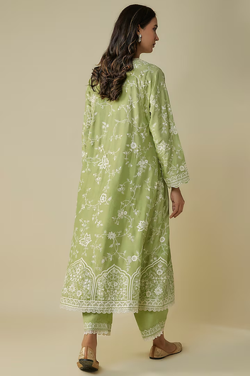 Light Green Dupion Aari Thread Embroidered Kurta Set