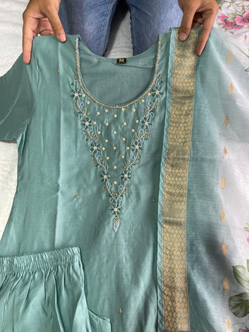 Premium Roman Silk Teal Designers Kurti Pent Dupatta Set