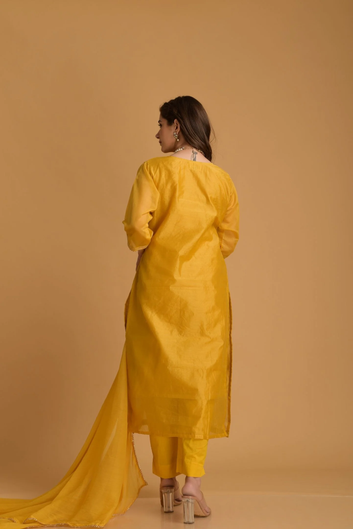 Mustard Chanderi Aari Kurta Set