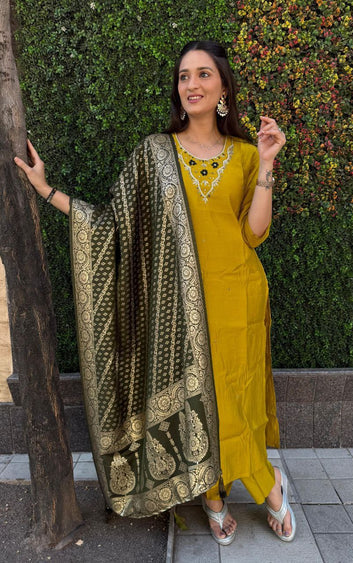 Premium Roman Silk hand worked Yellow colour Designers Kurti Pent Dupatta Set