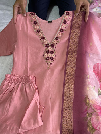 Premium Roman Silk Peach colour Designers Kurti Pent Dupatta Set