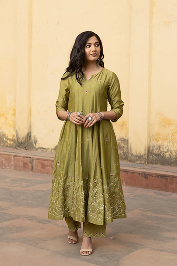 Mehndi Green Zari Jaal Embroidered Anarkali Suit Set