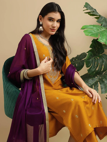 Mustard Wel Embroidered With Contras Dupatta Kurta Set