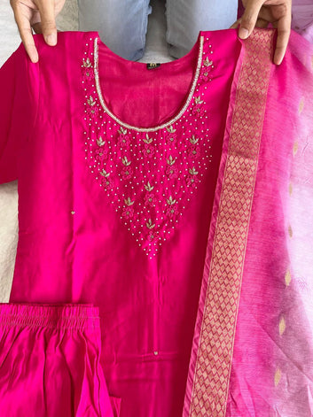 Premium Roman Silk New Rani Pink Designers Kurti Pent Dupatta Set