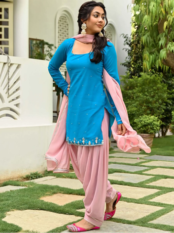 Blue and Pink Kurta Patiala Set