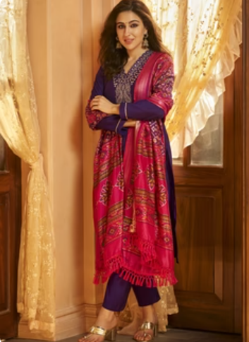 Solid Zari Embroidered Straight Fit Kurta with Pant & Patola Printed Dupatta - Deep Purple