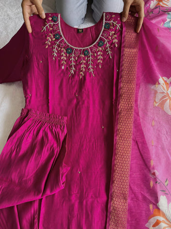 Premium Roman Silk Magenta Designers Kurti Pent Dupatta Set--