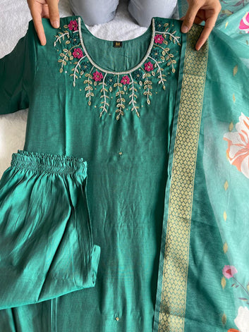 Premium Roman Silk Hand-Worked Green Colour Designer Kurti Pant Dupatta Set