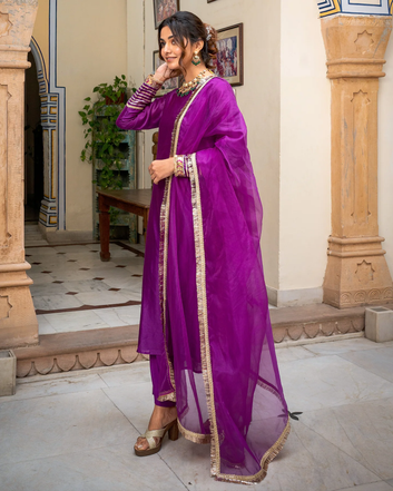 Purple Tamba Work Chanderi Kurta Set