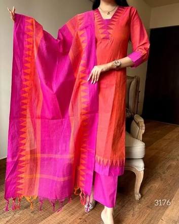 Golden Orange Color South Cotton Kurta Pant And Dupatta Set