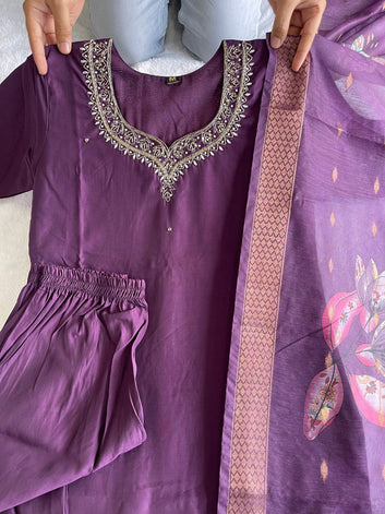 Premium Roman Silk Hand-Woven Purple Colour Designer Kurti Pant Dupatta Set