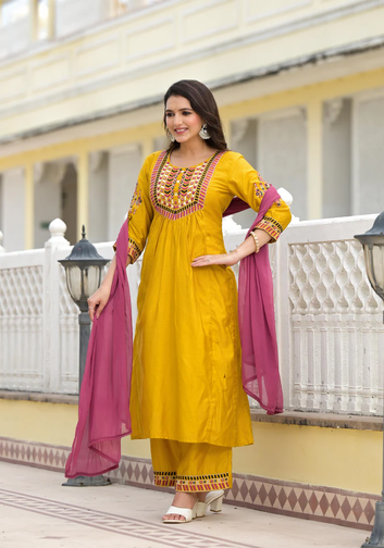 Mustard Solid Nylon Kurta Pant With Dupatta Set With Thread & Mirror Work