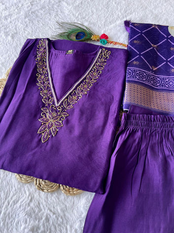 Premium Roman Silk Purple colour Designers Kurti Pent Dupatta Set